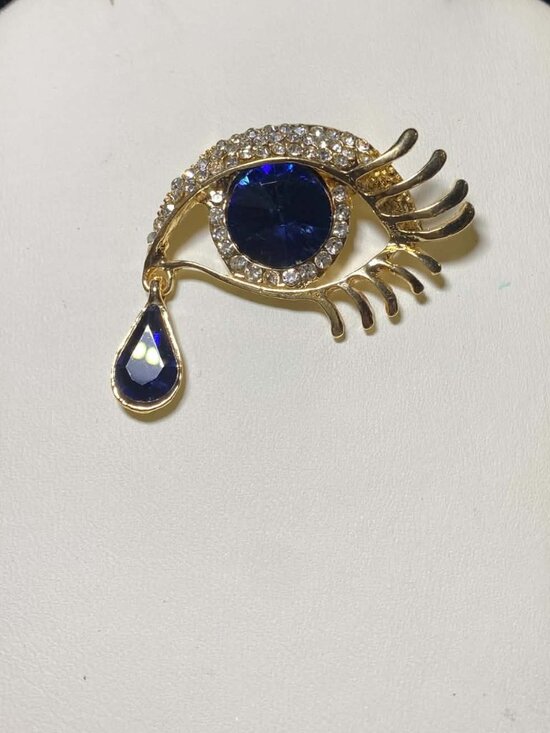 Jewelry - Crying Eye Brooch Goldtone Clear Rhinestone Blue Round Tear Crystals Art Deco